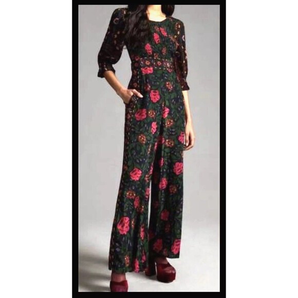 Farm Rio X Anthro Wide Leg Jumpsuit HotFloral Tropical‎ Print Sz X Small - Picture 1 of 13